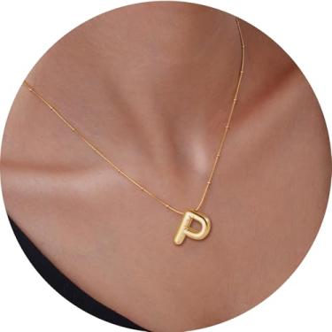 Imagem de Colar feminino com inicial de aço inoxidável banhado a ouro 18K, pingente de letra bolha de A a Z, joia personalizada do alfabeto fofo de A a Z, 18+2in, Aço inoxidável, Sem Pedra Preciosa