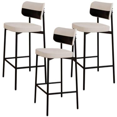 Imagem de Kit 03 Banquetas Alta Bar Cozinha Sala De Jantar Aço Preto Kaira C01 Linho Palha Courino Preto - Lyam Decor