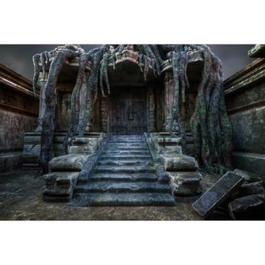Imagem de Fantasia Templo Antigo Cenário 3D Porta de Madeira Fotografia Fundo Templo Mágico Degraus de Pedra Horrível Jogo de Fundo para Crianças Ao Ar Livre Aniversário Banner Adereços 3 x 2,4 m