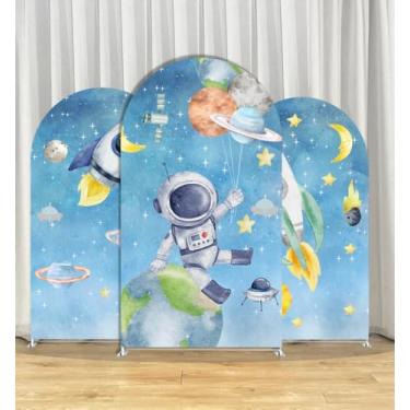 Imagem de Capa de fundo de arco com tema do universo espacial para decoração de festa de aniversário de chá de bebê, fundo de astronauta de camada dupla, elástica e lavável. (2,2 x 1,2 m), astronauta)