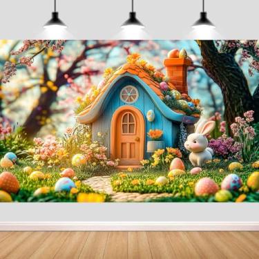 Imagem de NYMB Cenário de Páscoa com coelho, ovos coloridos e cena de casa de fadas, perfeito para decoração de festa de Páscoa, montagem de cabine de fotos, fotografia de evento infantil, celebração de