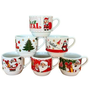 Imagem de Kit Jogo 6 Xicaras Natal CaféChá 200ml Empilháveis Porcelana - Antilop