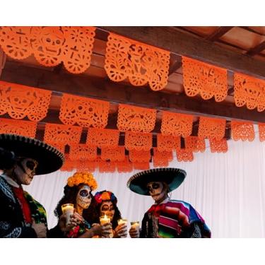 Imagem de Papel picado Dia de Los Muertos (laranja), altar Dia de Los Muertos, papel Dia dos Mortos, decorações mexicanas de halloween pacote com 5 | Papel de seda | Laranja brilhante