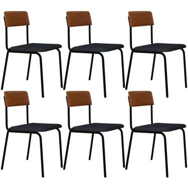 Imagem de Kit 06 Cadeiras Estofada Para Sala De Jantar Sense Preto C01 Linho Cinza Courino Caramelo - Lyam Decor