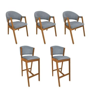 Imagem de Kit 3 Cadeiras De Jantar Helen Madeira Maciça Com 2 Banquetas Ana Cerejeira Premium Linho Cinza