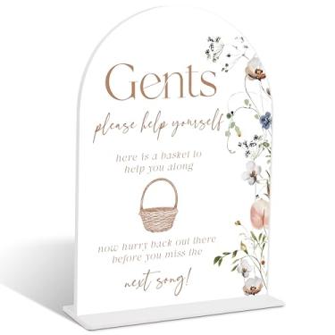 Imagem de Boho Floral Gents Please Help Yourself Sign, Placa acrílica de arco, suprimentos de cesta de banheiro de casamento, decoração de mesa de chuveiro nupcial, decorações de festa de noivado, itens