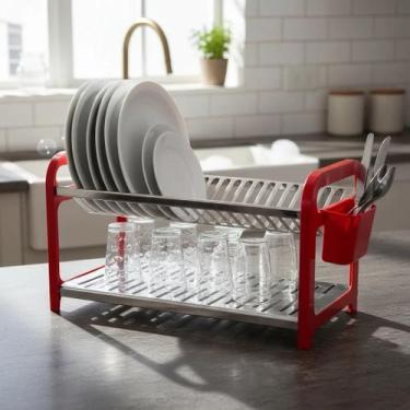 Imagem de Escorredor de Louça 20 Pratos Vermelho em aço Inox com Porta Talher Or