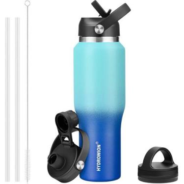 Imagem de Garrafa de água HYDROWION 1.2L isolada com tampa de palha e porta-copo