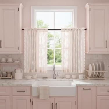 Imagem de Cortinas de renda rosa blush 91 cm de comprimento, 2 painéis, L 106 x C 91 cm cada, cortinas de renda floral rústica para janela de cozinha, cortina curta transparente para janelas pequenas