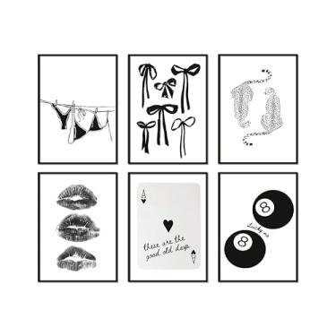 Imagem de 6 peças na moda preto e branco pôquer beijos lábios guepardo laço de biquíni arte de parede Funky Preppy Lucky 8 Ball Painting Picture Wall Decor Retro Y2K Estética Poster Arte para quarto dormitório