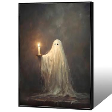Imagem de Halloween Ghost Holding Candle Canvas Wall Art Vintage Halloween Cute Ghost Poster Goth Dark Academia Horror Prints Pintura para sala de estar quarto decoração de parede estética 40,6 x 61 cm sem