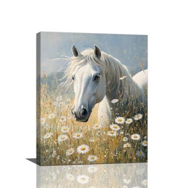 Imagem de Spaexor Arte de parede em tela de cavalo, decoração de parede de cavalo branco entre flores, pintura de imagens de animais, arte para sala de estar, quarto, casa, escritório, parede, 50,8 x 40,6 cm