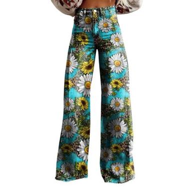 Imagem de Calças largas RTJTGXF com estampa floral vintage para mulheres