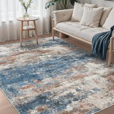 Imagem de BEIMO Tapetes de área 20 x 25 cm para sala de estar, quarto, tapete abstrato moderno lavável à máquina, tapete grande macio de pelo baixo com suporte antiderrapante para sala de jantar, azul/tijolo