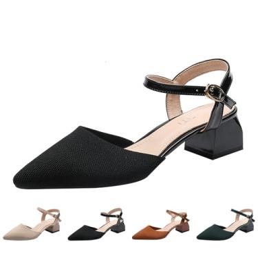 Imagem de OXNEUHG Sandália feminina de malha fechada com salto grosso com tira no tornozelo ondulada, bico fino, fivela de salto, casual, verão, trabalho, escritório, casamento, salto alto, Preto, 38