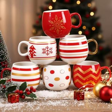 Imagem de Jinei Conjunto de 6 canecas de Natal, 325 ml, caneca de café em forma de bola de Natal, xícara de cerâmica, presente de Natal, chá reutilizável para mãe, mulher, mesa de festa de Natal, suprimentos