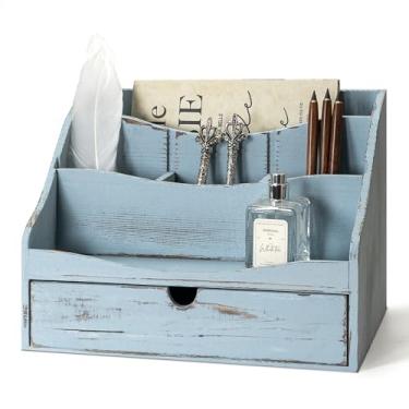 Imagem de Organizador de correio de madeira de pinho para mesa - Suporte de correio rústico para organização de mesa com gaveta e divisórias - Classificador de cartas com 4 compartimentos, armazenamento de
