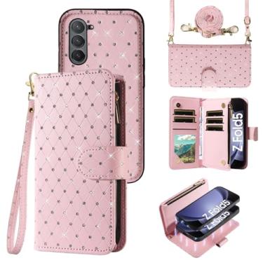 Imagem de Compatível com Samsung Galaxy Z Fold 5 5G 2023 capa carteira com zíper celular alça transversal alça brilhante flip porta-cartões slot capa de telefone para ZFold5 Z5 G Fold5 ZFold 5Z mulheres meninas
