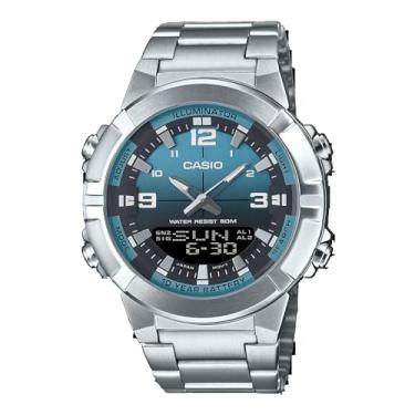 Imagem de Casio AMW870DA-2A2V Relógio masculino de aço inoxidável com mostrador azul aqua, analógico, digital, fuso horário duplo