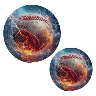 Imagem de Blueangle 2 peças de suporte de panela de beisebol de chama - conjunto de pegadores de panela de tecido redondo - almofadas quentes trançadas de algodão - porta-copos - tapetes de mesa para cozinhar e