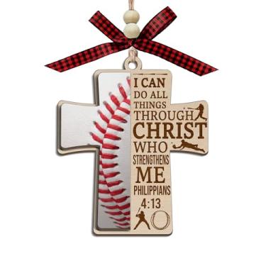 Imagem de Enfeite de madeira com cruz de beisebol, Philippians 4:13 Christian 2 camadas, decoração Cristo que me fortalece para árvore ou carro, versículo bíblico inspirador presente para jogadores de beisebol
