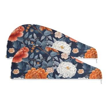 Imagem de SEHANY Toalha de cabelo de microfibra de flores coloridas elegantes para mulheres, 2 peças, turbantes de cabelo de secagem rápida com botão, touca de cabelo seco absorvente toalha de secagem de cabelo