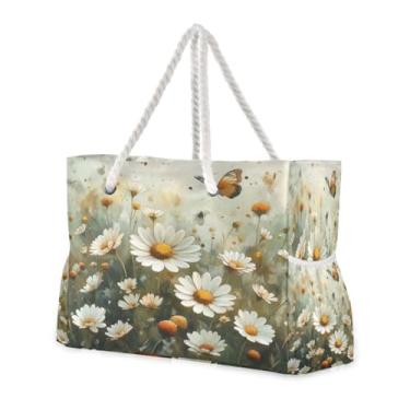 Imagem de ATTX Aquarela Prado Margaridas Bolsas de Praia para Mulheres - Bolsas de Praia Grandes com Zíper Impermeável À Prova de Areia Saco de Piscina Bolsa Grande #280