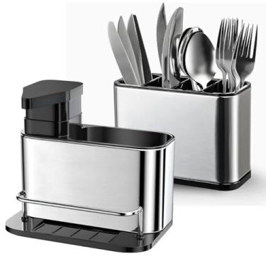Imagem de Kit Porta Talheres e Porta Detergente em Inox com Dispenser para Sabão Líquido e Suporte para Esponja/Bucha Organizador para Cozinha