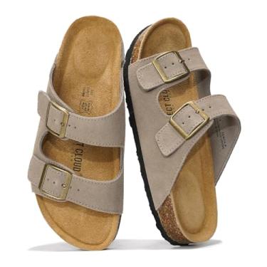 Imagem de Project Cloud Sandálias rasteiras femininas de couro genuíno 2025 Beach Essentials sandálias femininas com espuma viscoelástica para férias essenciais para calçados femininos (Venita), Camurça cinza