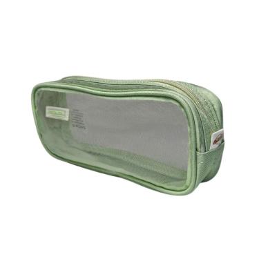 Imagem de Estojo Escolar Tela Transparente Verde Premium Canetas Lápis Volta as Aulas Menino Menina Aluno Fofo