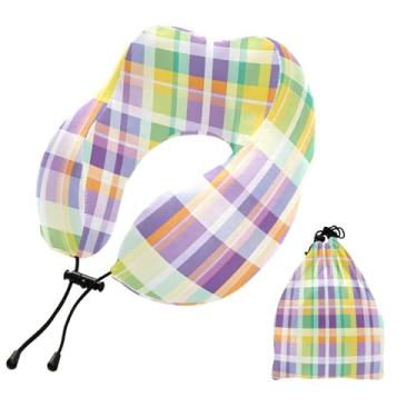 Imagem de CEBUGI Travesseiros de viagem portáteis em forma de U, travesseiro de pescoço de espuma viscoelástica com trava de corda ajustável para avião, viagem, trem, negócios, escritório, cochilo (tabuleiro de