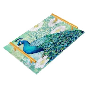 Imagem de Wassud Bandeja de banheiro com estampa de pavão aquarela, bandejas de perfume, alça de maquiagem, mesa de balcão de cozinha, 30 x 20 cm