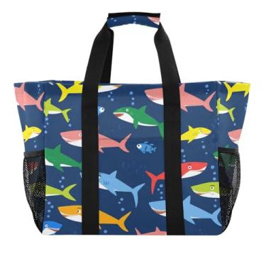 Imagem de Wassud Sacolas de compras reutilizáveis de tubarões de desenho colorido grande bolsa organizadora de lona impermeável para praia, piquenique, lavanderia, viagem
