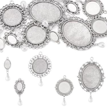 Imagem de Beadthoven 10 bandejas ovais com pingente de bisel redondo, configurações de cabochão de liga de prata antiga com pingentes de imitação de pérolas, bandejas de bisel em branco para colar de joias com