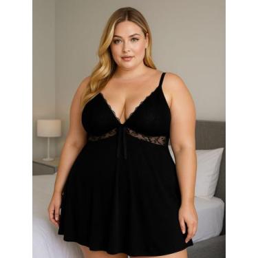 Imagem de Camisola Plus Size com Detalhe em Renda - c8 SHEYLA, Preto, 48