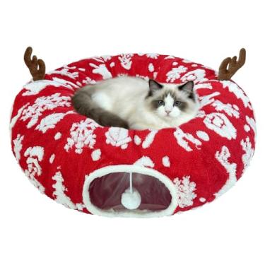 Imagem de Cama de túnel para gatos internos, caverna de gato Peekaboo de pelúcia macia, brinquedo multifuncional para gatos pequenos, médios e grandes, gatinhos, coelhos, furões, com almofada lavável (vermelho