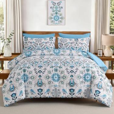 Imagem de DHSFKBE Conjunto de edredom boêmio Queen – Conjunto de cama completo de microfibra macia com 7 peças, design floral, para todas as estações (azul claro, Queen)