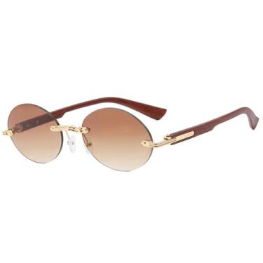 Imagem de Óculos de Sol Ovais Sem Aro, Unissex, com Hastes de Madeira e Lentes Degradê UV400, Ideais para Esportes ao Ar Livre, Corrida e Ciclismo, Cor Marrom Degradê Chá