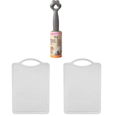 Imagem de Conjunto de 2 Tábua Branca Plástica de Corte para Alimentos + 1 Rolo Adesivo Tira Pelos Pet 60 Folhas
