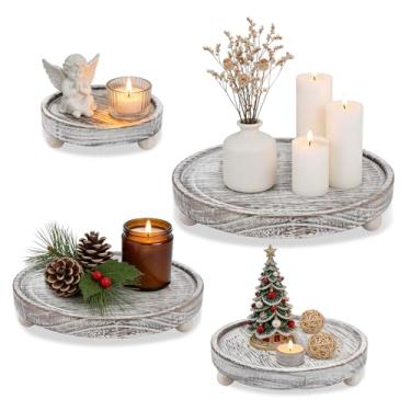 Imagem de Conjunto de 4 bandejas com suporte de velas, bandeja redonda de madeira para mesa de centro de mesa, pequena bandeja decorativa em camadas, suporte de pedestal para Natal, casamento, Halloween