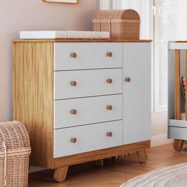Imagem de Cômoda Infantil 4 Gavetas 1 Porta em MDF Pingo Móveis Peroba - Amendoa/Branco