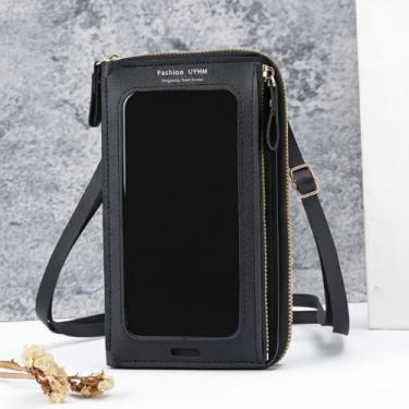 Imagem de Carteira feminina de couro genuíno com dobra dupla/tripla - Suporte minimalista para cartão de crédito com bloqueio de RFID e bolso para moedas, Preto, Casual