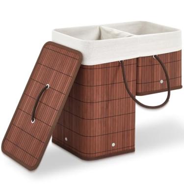 Imagem de GlikCeil 1 cesto de escada com tampa e alças, cestos dobráveis para escadas com carpete e madeira, organizador de bambu para brinquedos e livros de roupas (marrom)