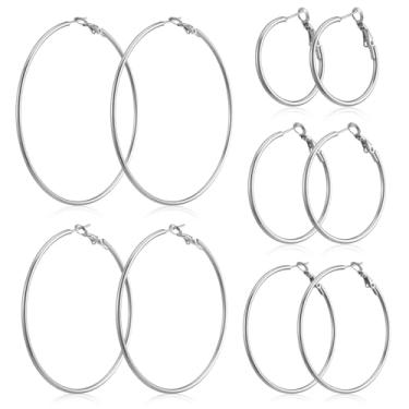Imagem de 5 pares de brincos de argola de prata grandes de aço inoxidável 30/40/50/60/70 mm brincos de argola elegantes simples e leves conjunto de brincos de prata grande e fino para mulheres