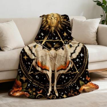 Imagem de GLOBLELAND Manta de mariposa mágica, 139 x 127 cm, flores laranjas, boho, cogumelo, flanela, cobertores, plantas, preto, cobertor de astrologia mística para casa, sofá, viagem, adulto, mulheres