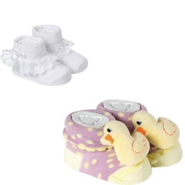 Imagem de Kit 2 Meias Pantufas Divertidas Bebê Recém-Nascido Menina Algodão Maci