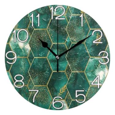 Imagem de Relógio de parede analógico decorativo redondo sem tique-taque silencioso relógio de cozinha fofo, decoração de parede de sala de estar moderna, chique verde dourado, 25 cm, ponteiros pretos
