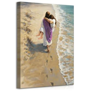 Imagem de Arte de parede Jesus andando na praia Jesus Cristão Jesus abraçando pegadas na praia, pintura de parede, pôster impresso, arte, decoração de casa