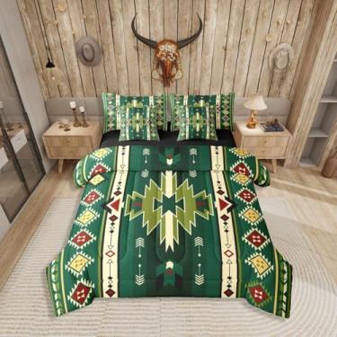 Imagem de Jogo de cama queen asteca do sudoeste, cama boêmia étnica mexicana em uma bolsa, verde, vermelho e amarelo, inclui edredom, conjunto de lençol, fronhas e fronhas, decoração de quarto de diamante