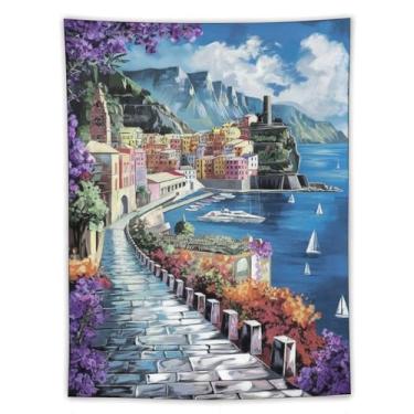 Imagem de Tapeçaria colorida de cidade mediterrânea litoral porto glicínia flores caminho de paralelepípedos aldeia penhasco decoração de parede cênica para sala de estar quarto casa estilo costeiro 152 x 203